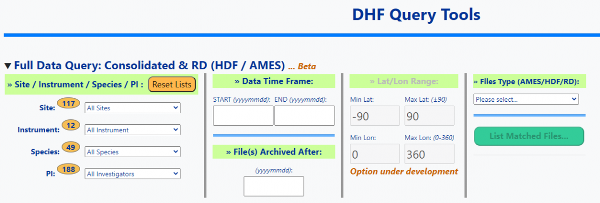 Screenshot of NDACC's DHF query tools.